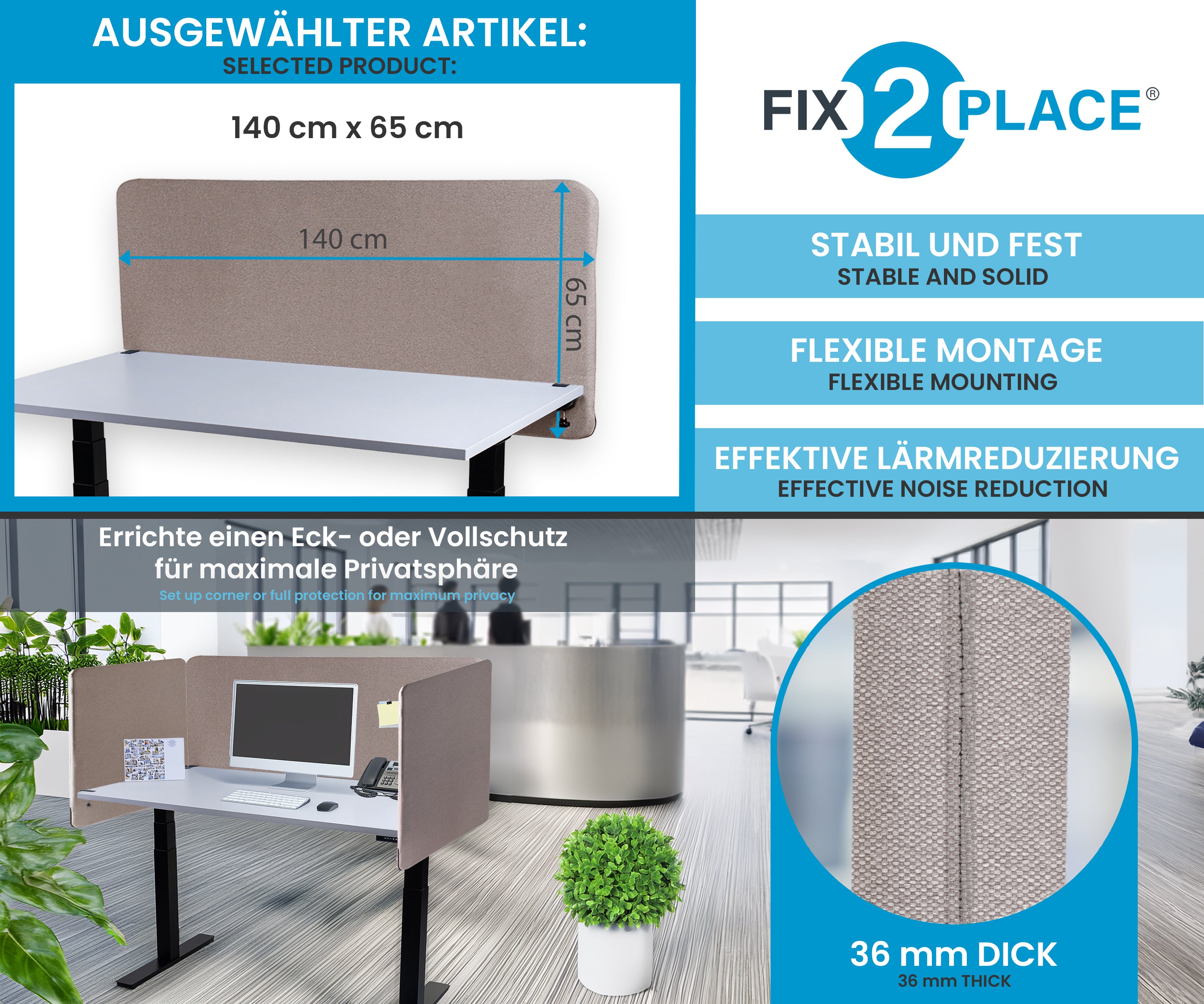 140x65cm Akustik Trennwand Almond Beige, Sichtschutz, Schallschutz und Privatsphäre