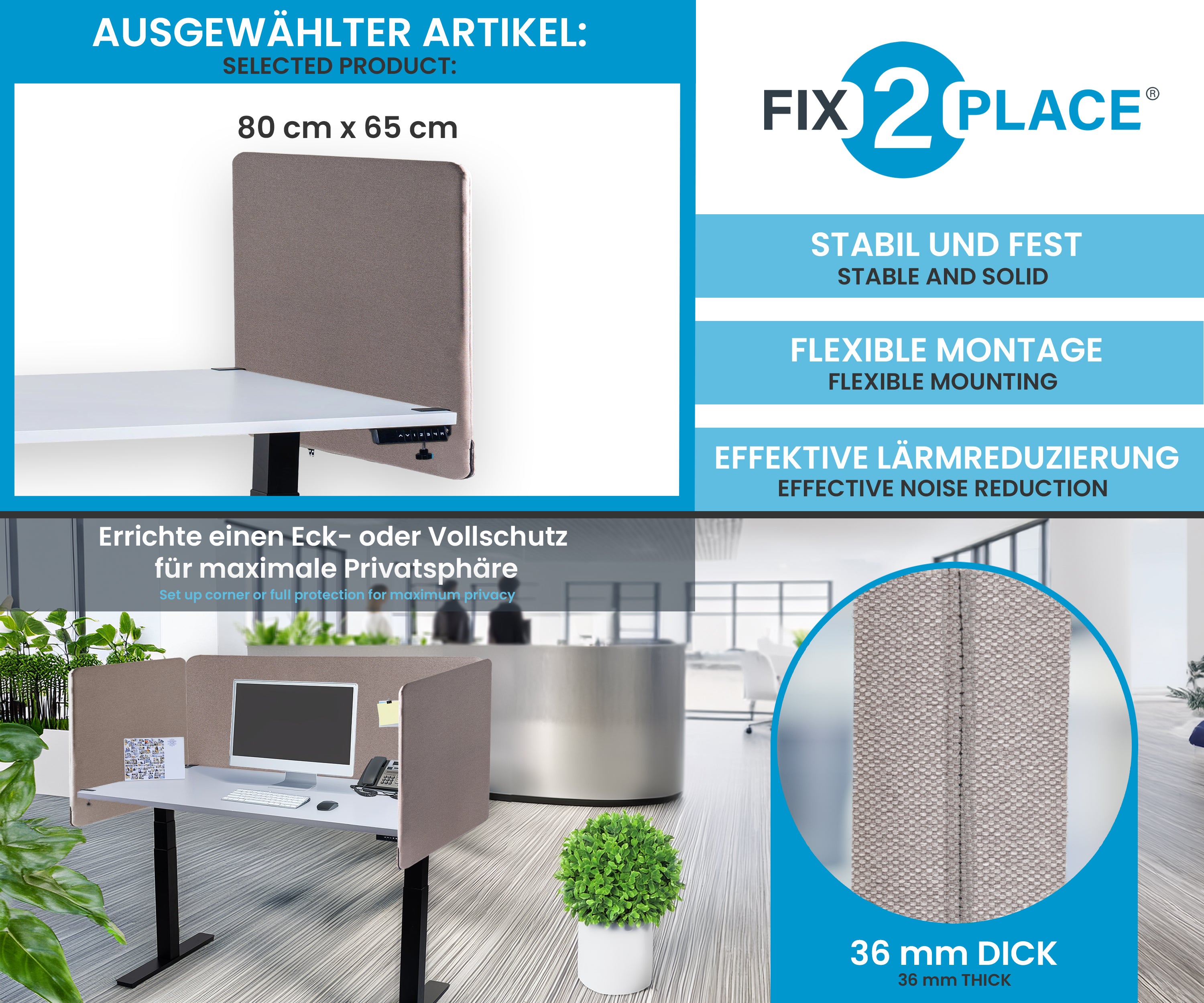 65x65cm Akustik Trennwand Almond Beige, Sichtschutz, Schallschutz und Privatsphäre