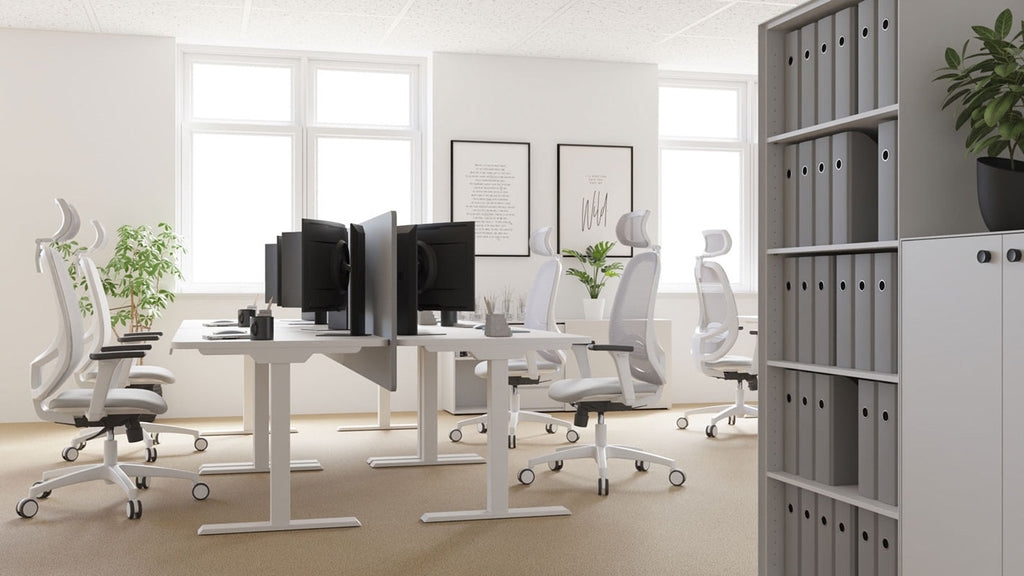 160x80 cm Höhenverstellbarer Schreibtisch mit 25mm einteiliger Tischplatte Platinum White, elektrisch, Weißes Gestell-Brötter.de