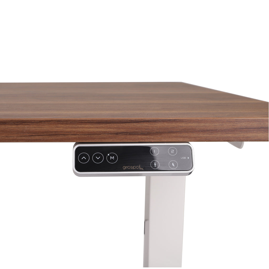 120x80 cm Höhenverstellbarer Schreibtisch mit 25mm einteiliger Tischplatte Saleve Walnut, elektrisch, Weißes Gestell-Brötter.de