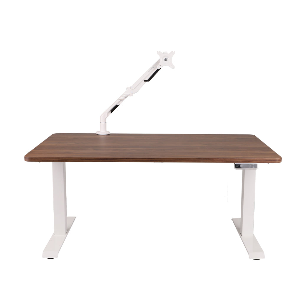 160x80 cm Höhenverstellbarer Schreibtisch mit 25mm einteiliger Tischplatte Saleve Walnut, elektrisch, Weißes Gestell