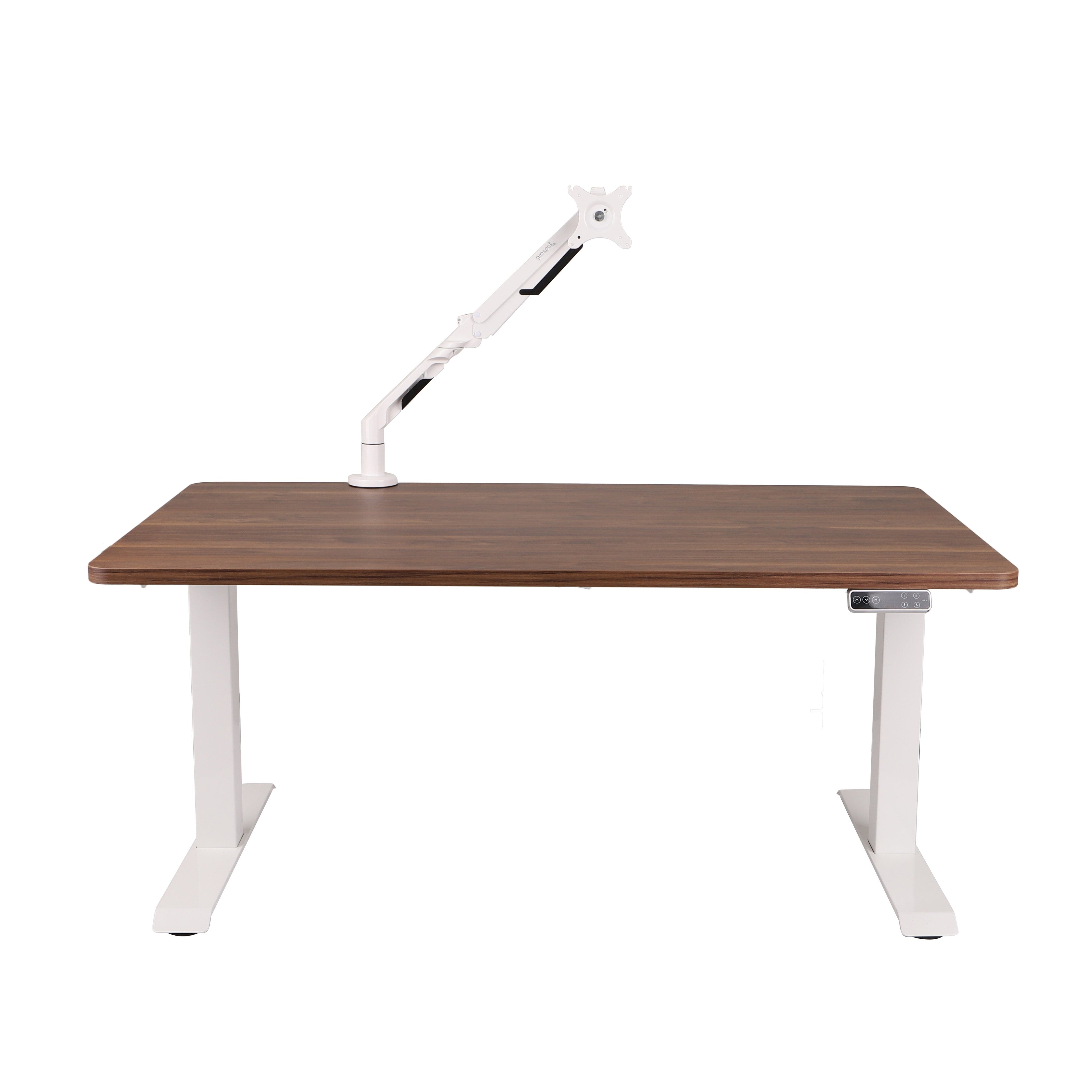 120x80 cm Höhenverstellbarer Schreibtisch mit 25mm einteiliger Tischplatte Saleve Walnut, elektrisch, Weißes Gestell-Brötter.de