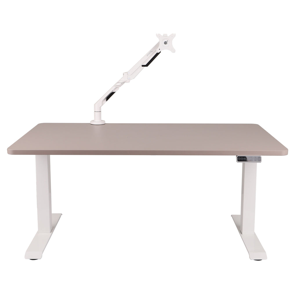 140x80 cm Höhenverstellbarer Schreibtisch mit 25mm einteiliger Tischplatte Toffee, elektrisch, Weißes Gestell-Brötter.de