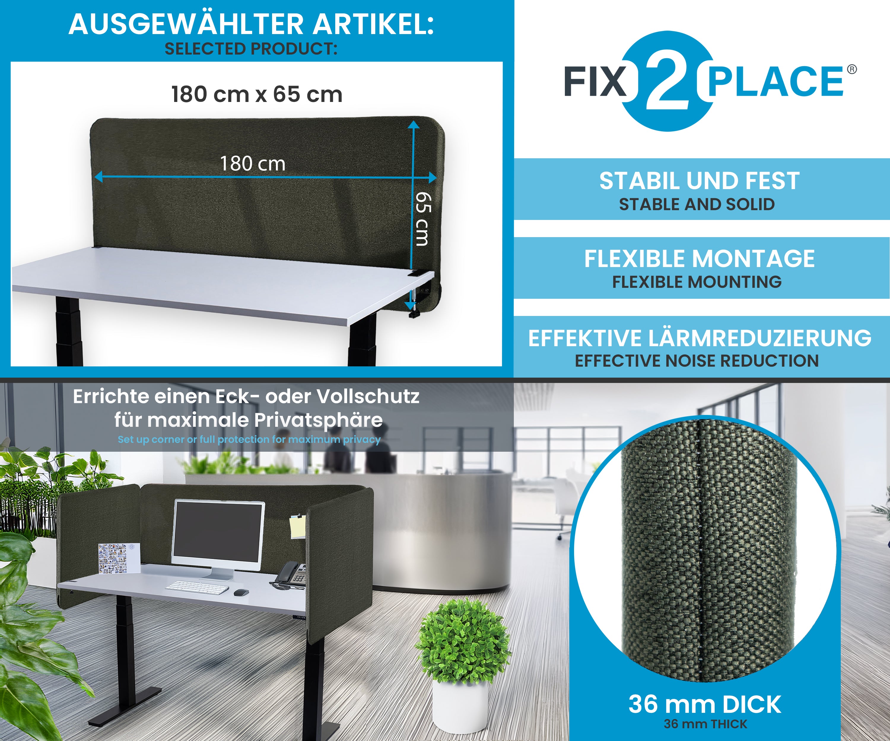 180x65cm Akustik Trennwand Dark Olive Green, Sichtschutz, Schallschutz und Privatsphäre