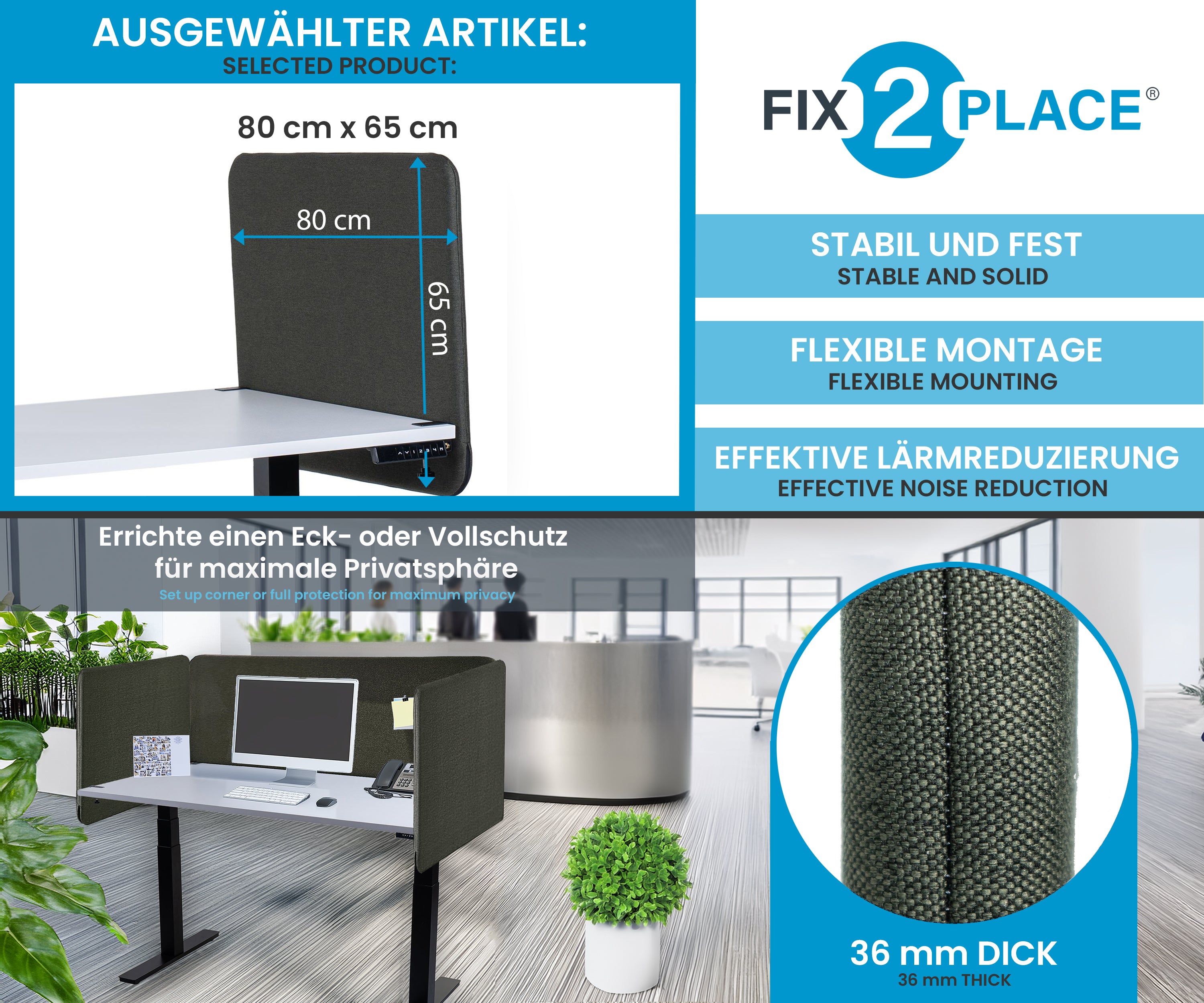 80x65cm Akustik Trennwand Dark Olive Green, Sichtschutz, Schallschutz und Privatsphäre