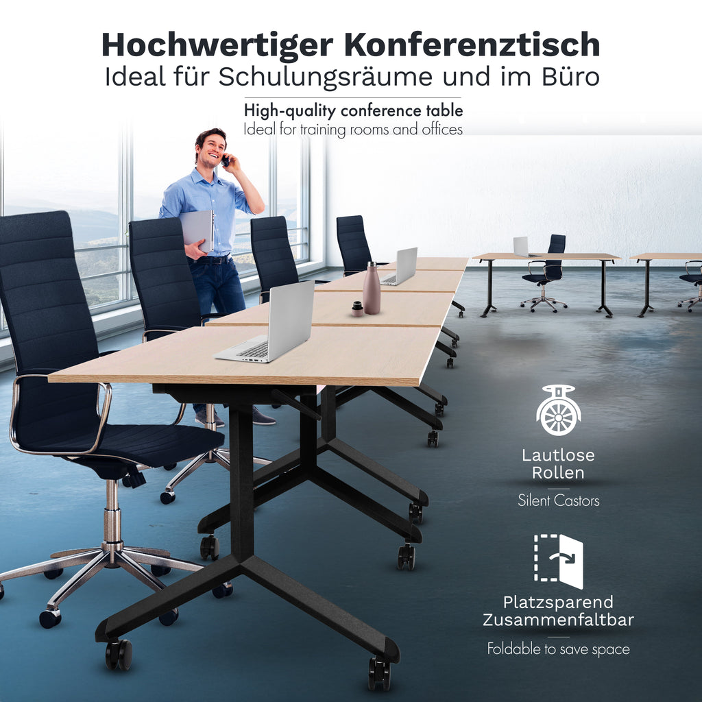 Klappbarer Bürotisch mit 360° Feststell-Rollen | 150 x 90 cm Sonoma-Eiche | Schwarzes Gestell | 6 Stk.-Brötter.de