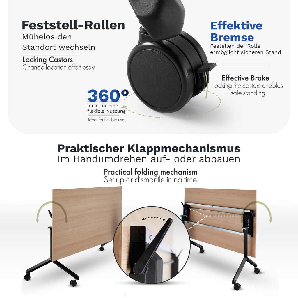 Klappbarer Bürotisch mit 360° Feststell-Rollen | 150 x 90 cm Sonoma-Eiche | Schwarzes Gestell | 4 Stk.-Brötter.de