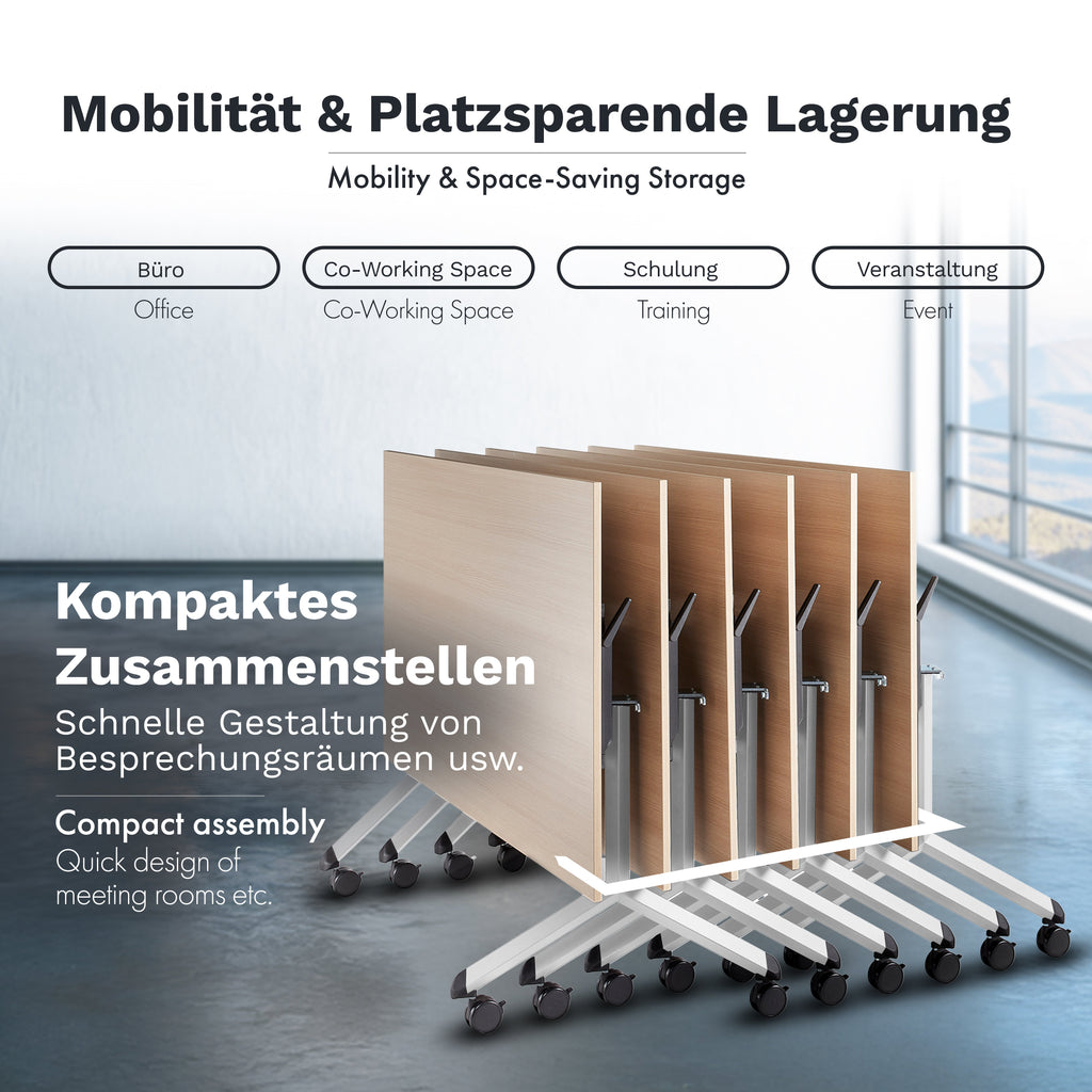 Klappbarer Bürotisch mit 360° Feststell-Rollen | 180 x 90 cm Sonoma-Eiche | Graues Gestell | 4 Stk.-Brötter.de