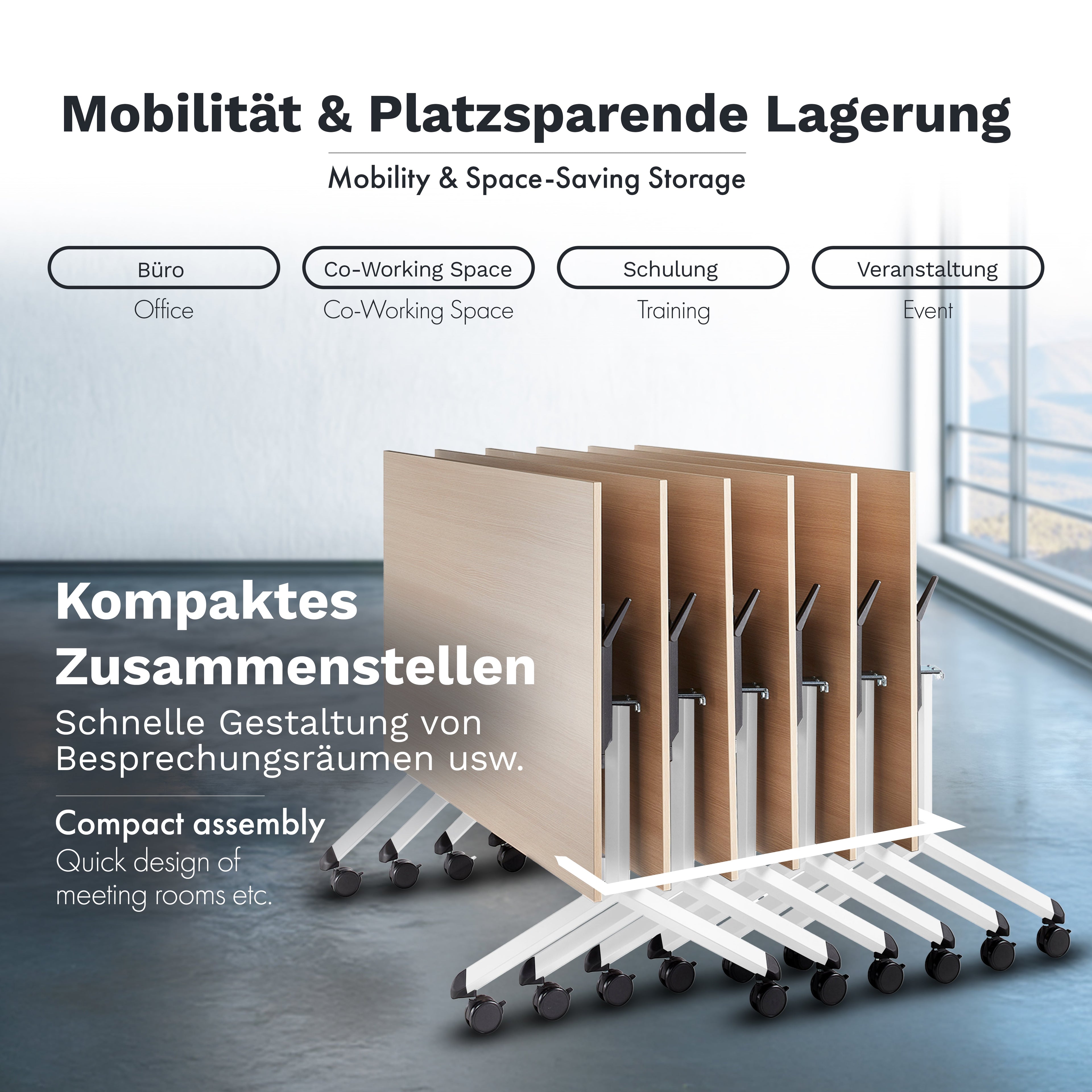 Klappbarer Bürotisch mit 360° Feststell-Rollen | 180 x 90 cm Sonoma-Eiche | Weisses Gestell | 1 Stk.-Brötter.de