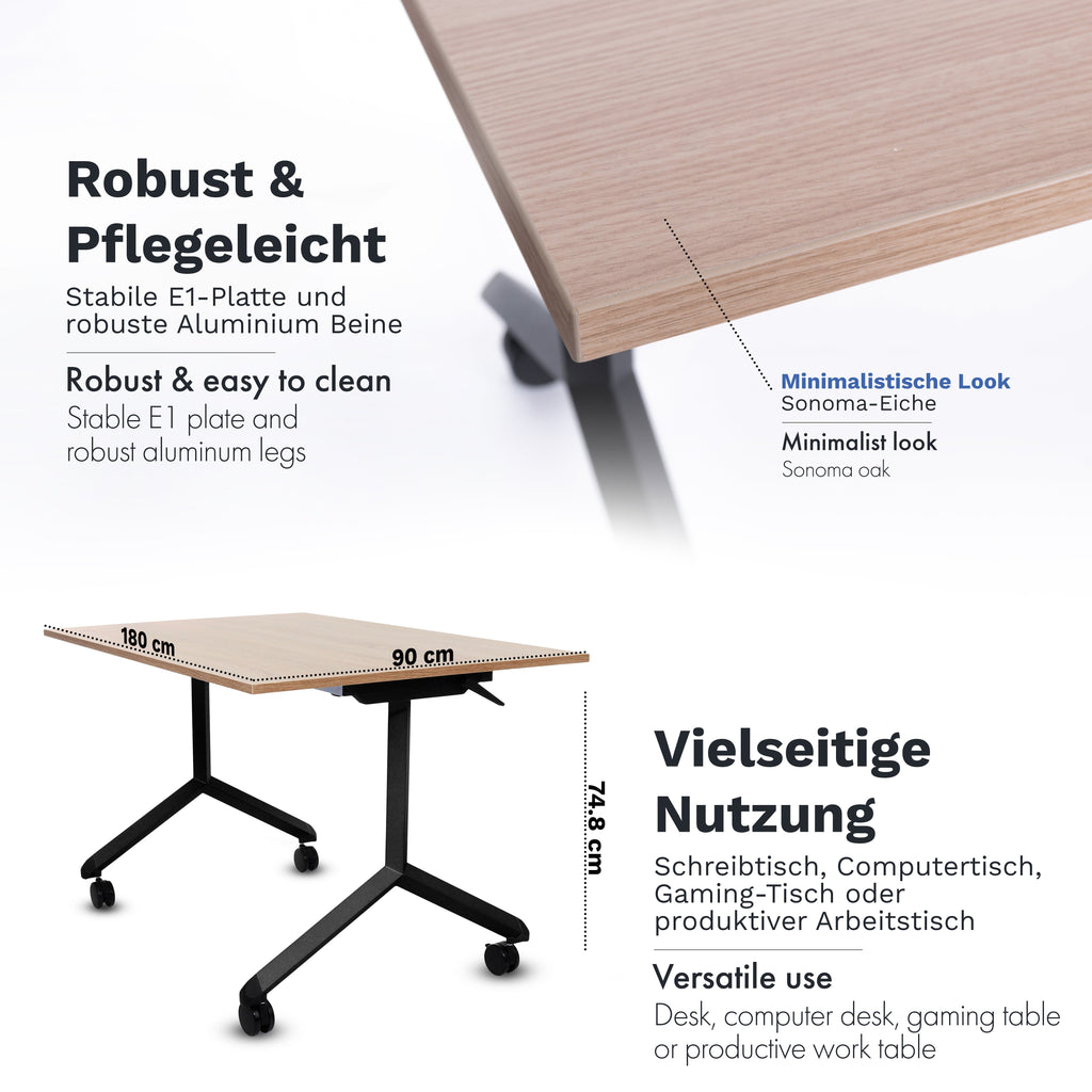 Klappbarer Bürotisch mit 360° Feststell-Rollen | 180 x 90 cm Sonoma-Eiche | Schwarzes Gestell | 1 Stk.-Brötter.de