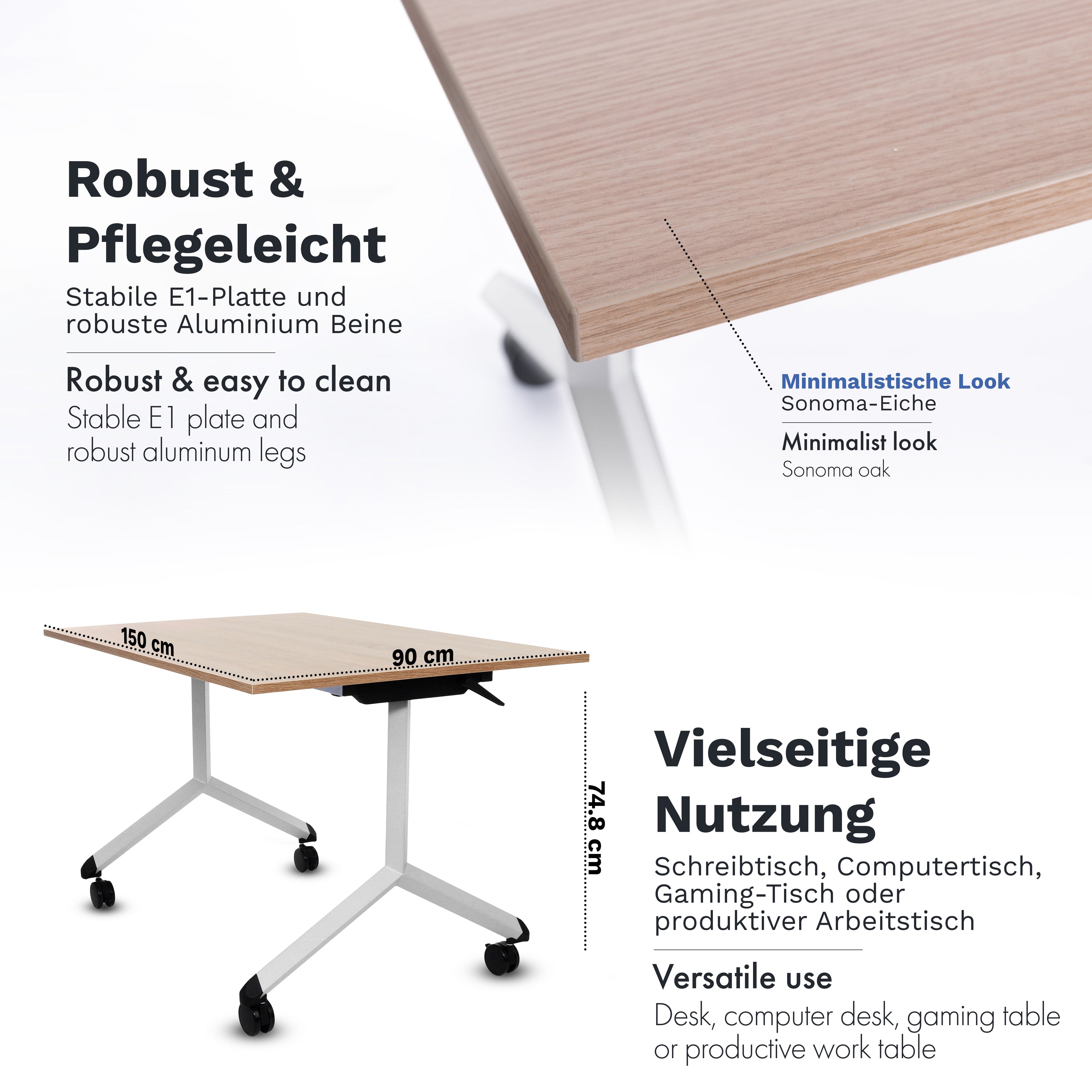 Klappbarer Bürotisch mit 360° Feststell-Rollen | 150 x 90 cm Sonoma-Eiche | Graues Gestell | 4 Stk.-Brötter.de