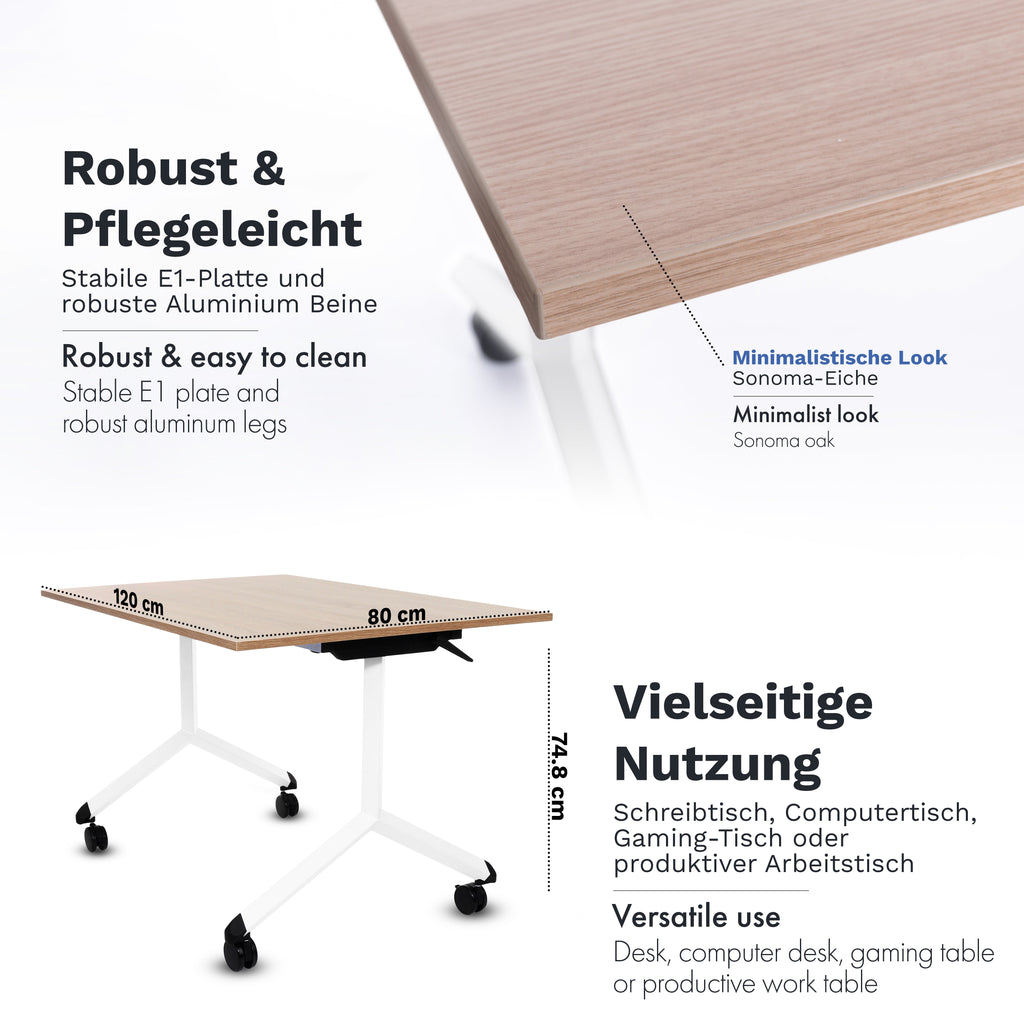 Klappbarer Bürotisch mit 360° Feststell-Rollen | 120 x 80 cm Sonoma-Eiche | Weisses Gestell | 4 Stk.-Brötter.de