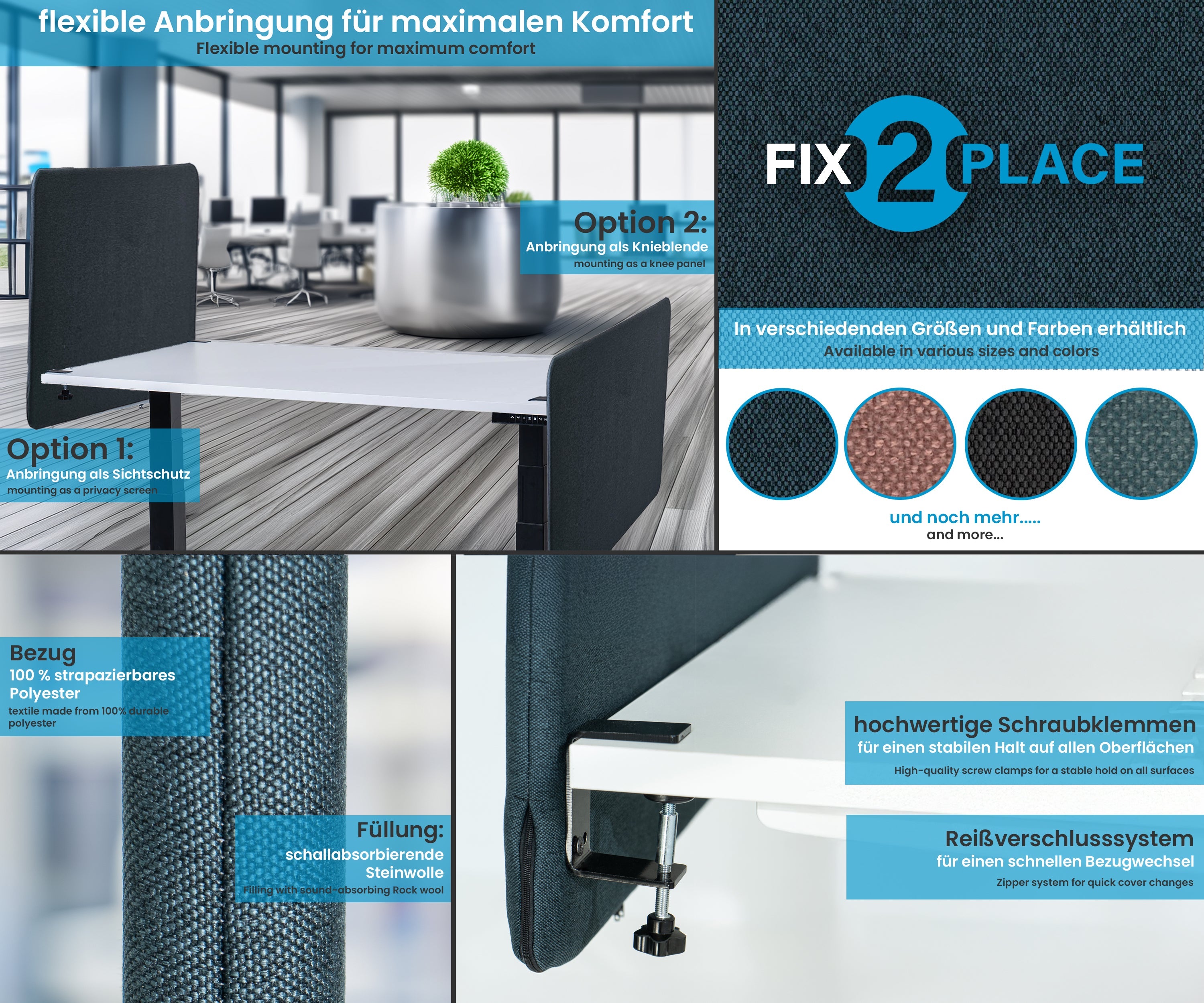 80x65cm Akustik Trennwand Gray Blue, Sichtschutz, Schallschutz und Privatsphäre