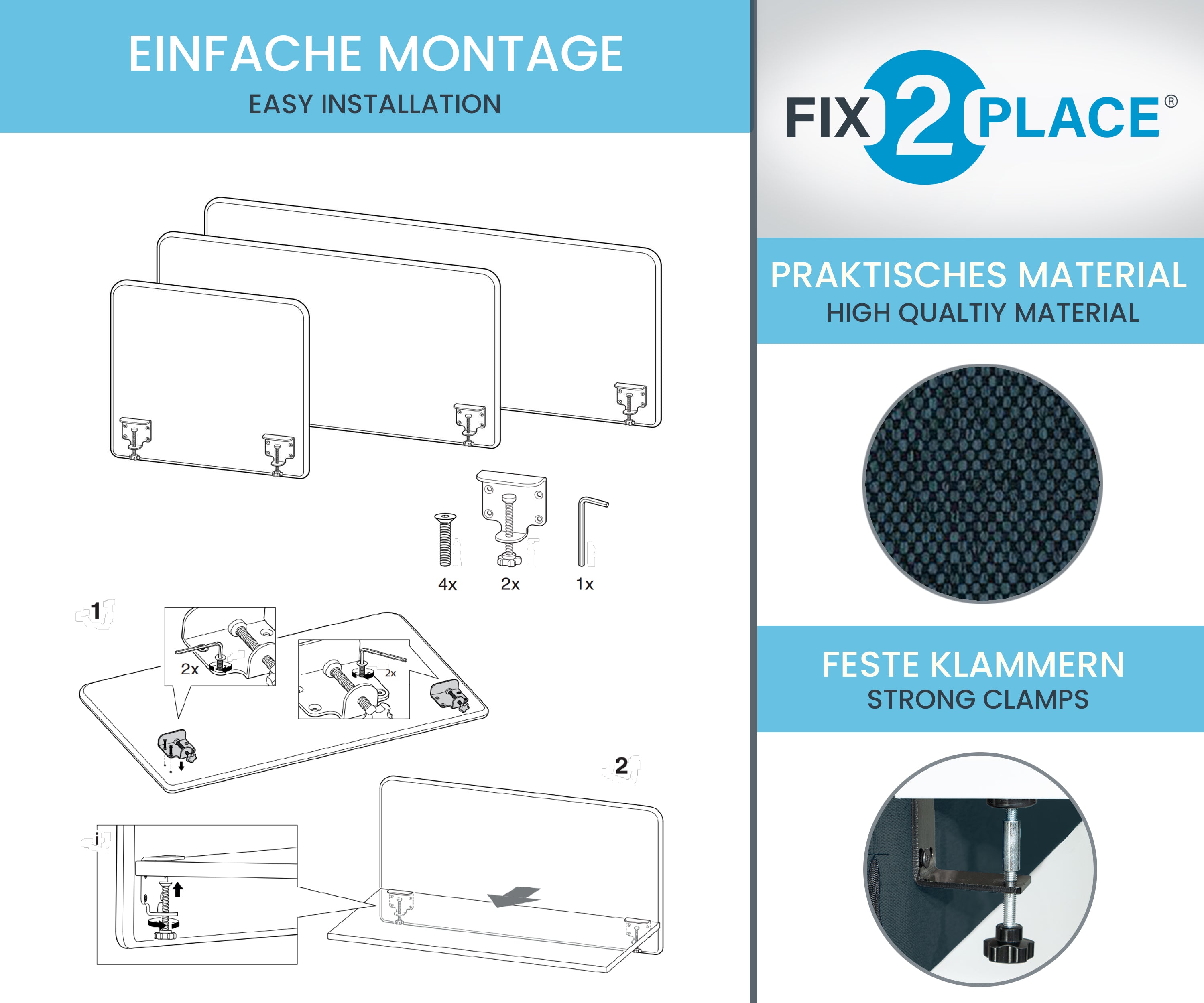 140x65cm Akustik Trennwand Gray Blue, Sichtschutz, Schallschutz und Privatsphäre