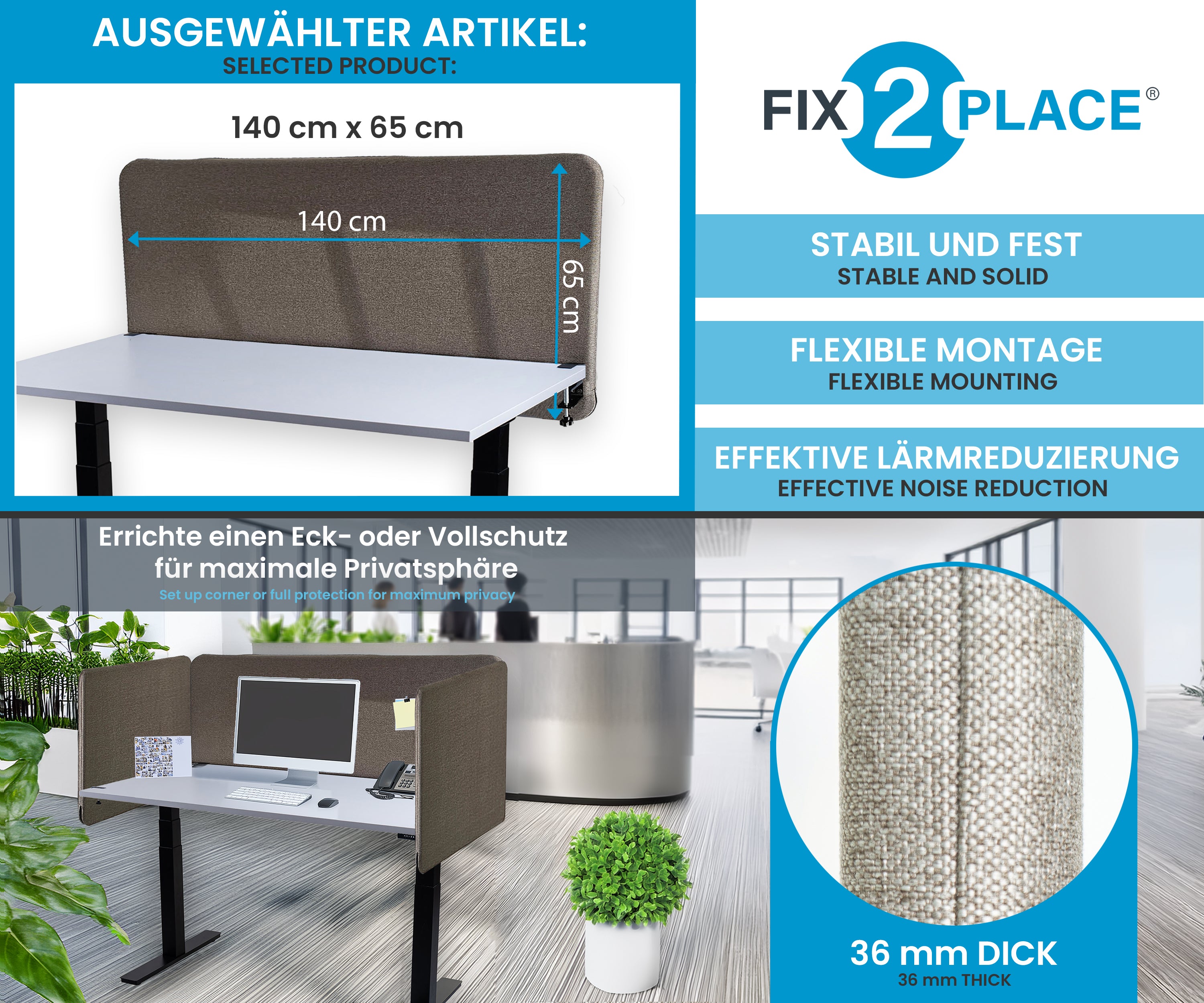 140x65cm Akustik Trennwand Granite Gray, Sichtschutz, Schallschutz und Privatsphäre