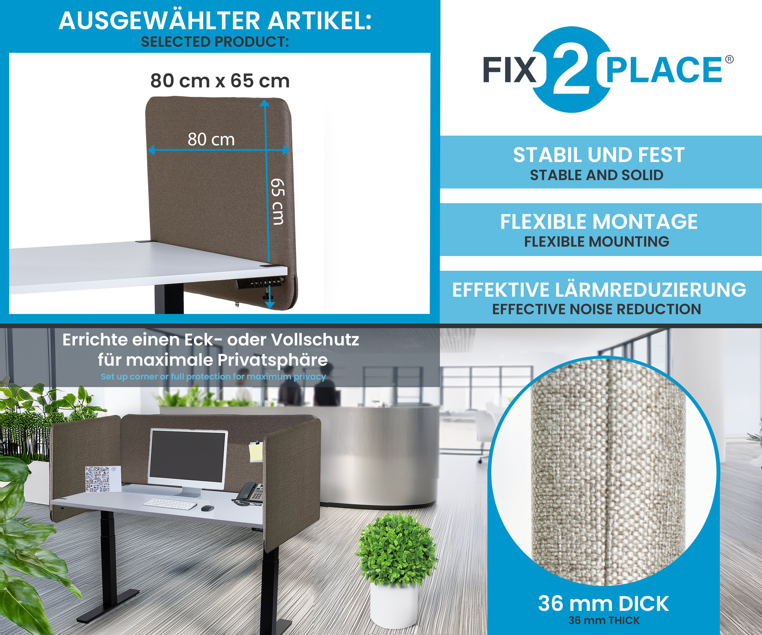 80x65cm Akustik Trennwand Granite Gray, Sichtschutz, Schallschutz und Privatsphäre