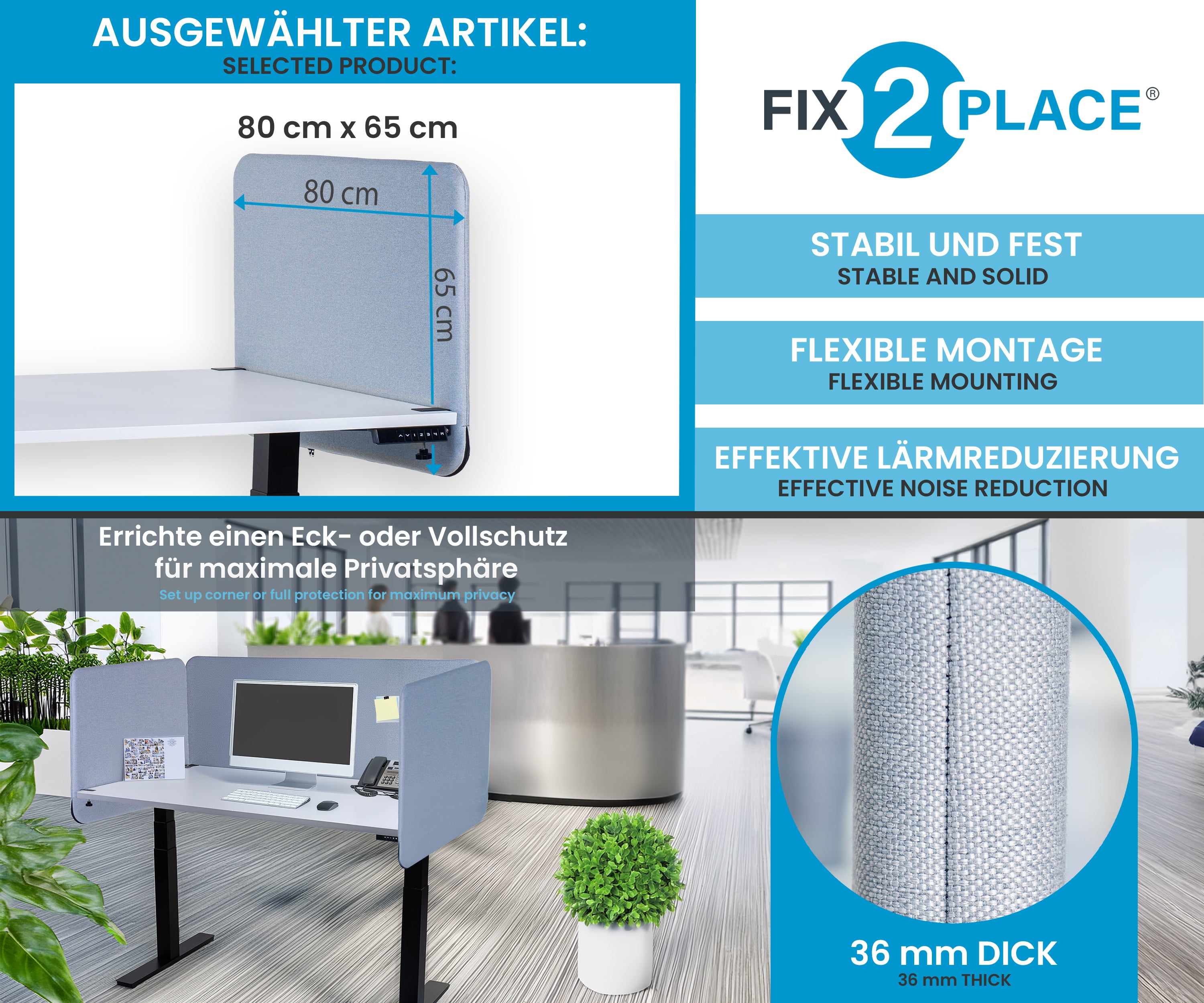 80x65cm Akustik Trennwand Light Gray, Sichtschutz, Schallschutz und Privatsphäre