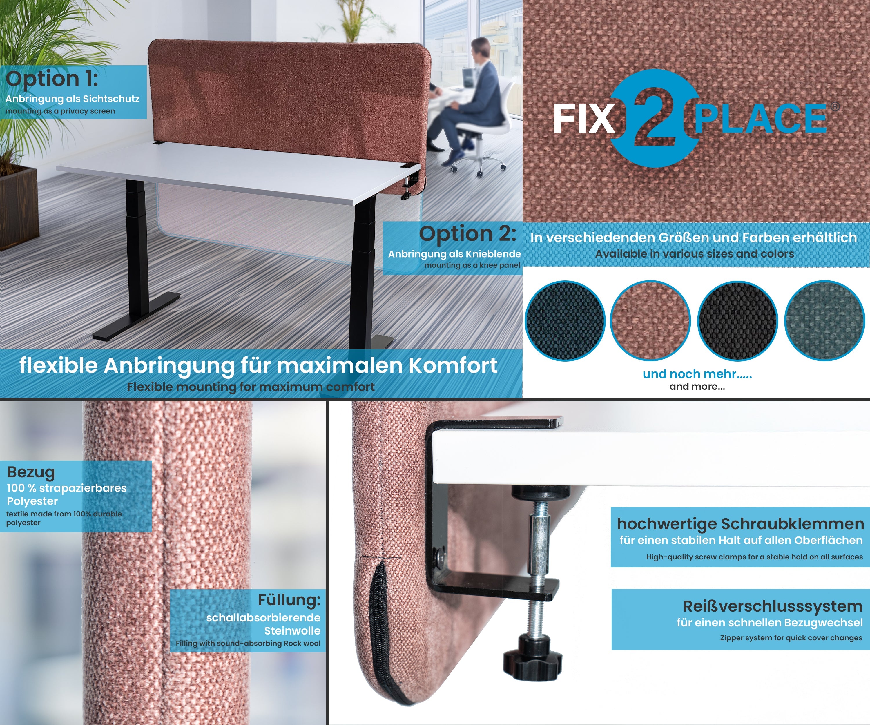 180x65cm Akustik Trennwand Rose Beige, Sichtschutz, Schallschutz und Privatsphäre