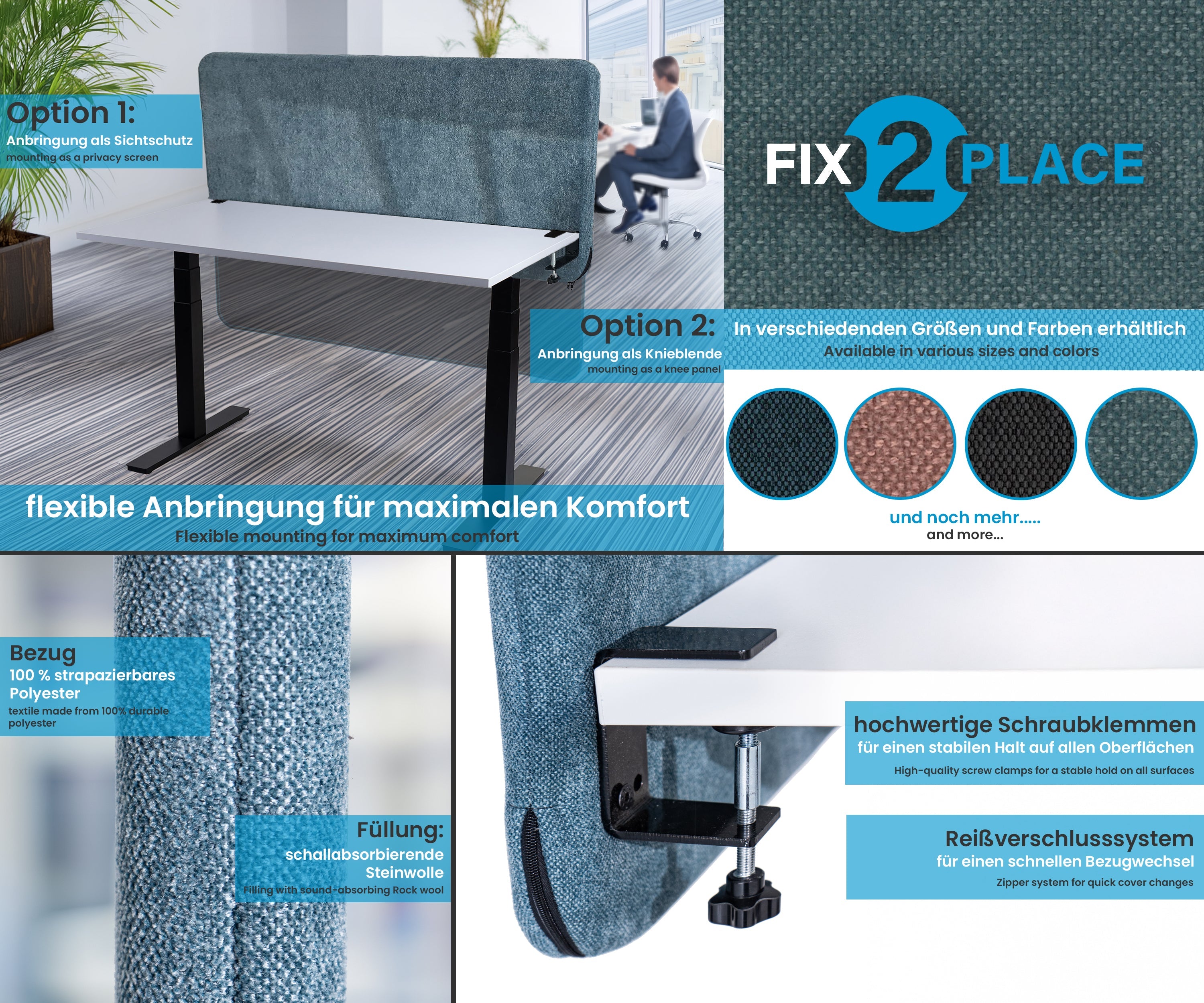 160x65cm Akustik Trennwand Teal Green, Sichtschutz, Schallschutz und Privatsphäre